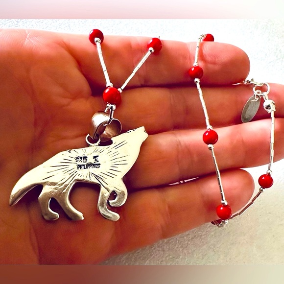 Plum Coral Wolf Pendant on Coral Beaded Liquid Sterling Silver 18" Necklace NWT - Picture 7 of 11